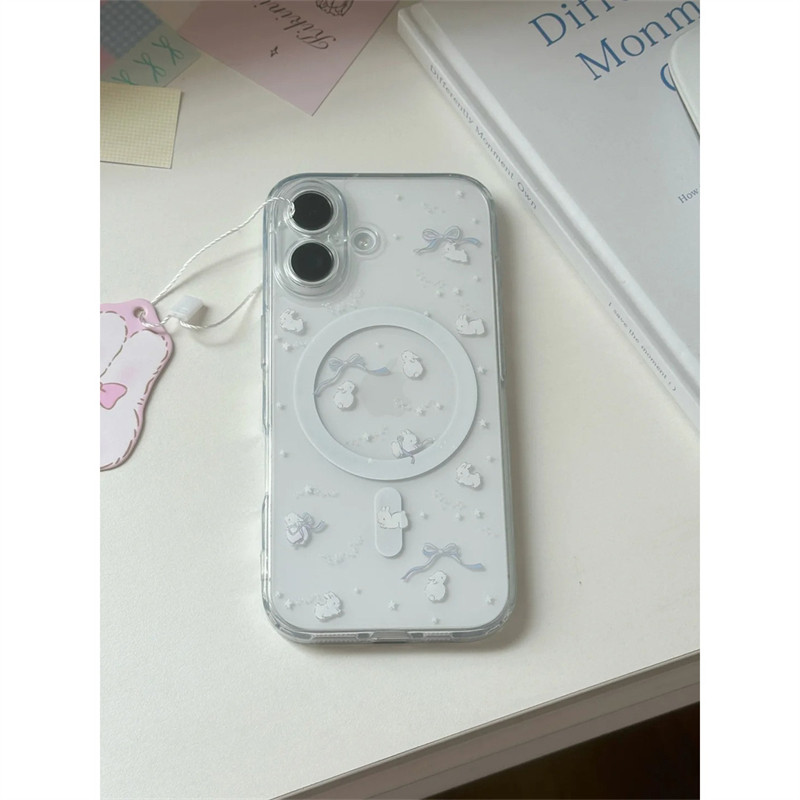 可爱卡通蝴蝶结小兔子适用苹果17promax手机壳iPhone 16pro透明硅胶防摔亚克力磁吸壳15/14/13大孔保护套12女