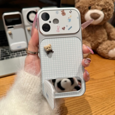蓝格纹小熊镜面支架适用苹果17promax手机壳iPhone16/15新款13大视窗12华为P70荣耀vivoS30小米14红米K80oppo
