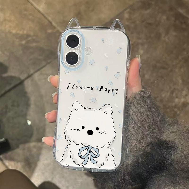 蓝色西高地立体猫耳朵适用苹果16pro手机壳15promax新款iPhone14/13保护套15plus全包12promax高级感11女软xs