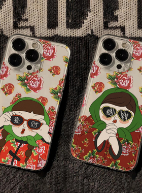 东北大花女孩适用苹果15手机壳iPhone14promax红色华为p40vivoy52s12保护套oppo小米14红米k50/60女款13软壳