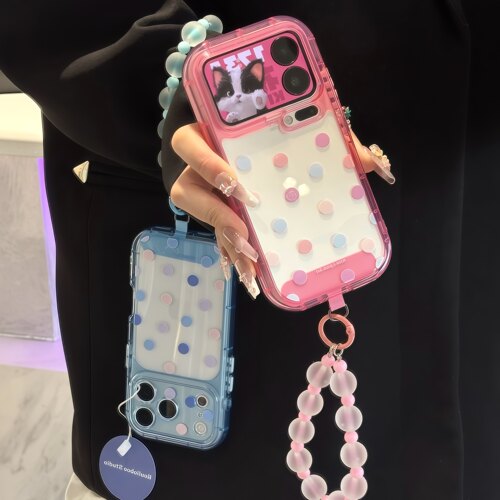 闺蜜款波点珠链挂绳适用苹果17PROMAX手机壳iPhone16新款华为PURA90简约NOVA16透色MATE80情侣VIVO小清新OPPO