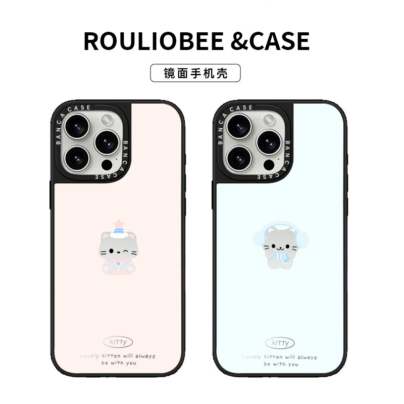 镂空耳机猫咪适用苹果17promax英文镜面手机壳iPhone16/15新款14创意13华为P70荣耀vivoS30小米17红米K80oppo