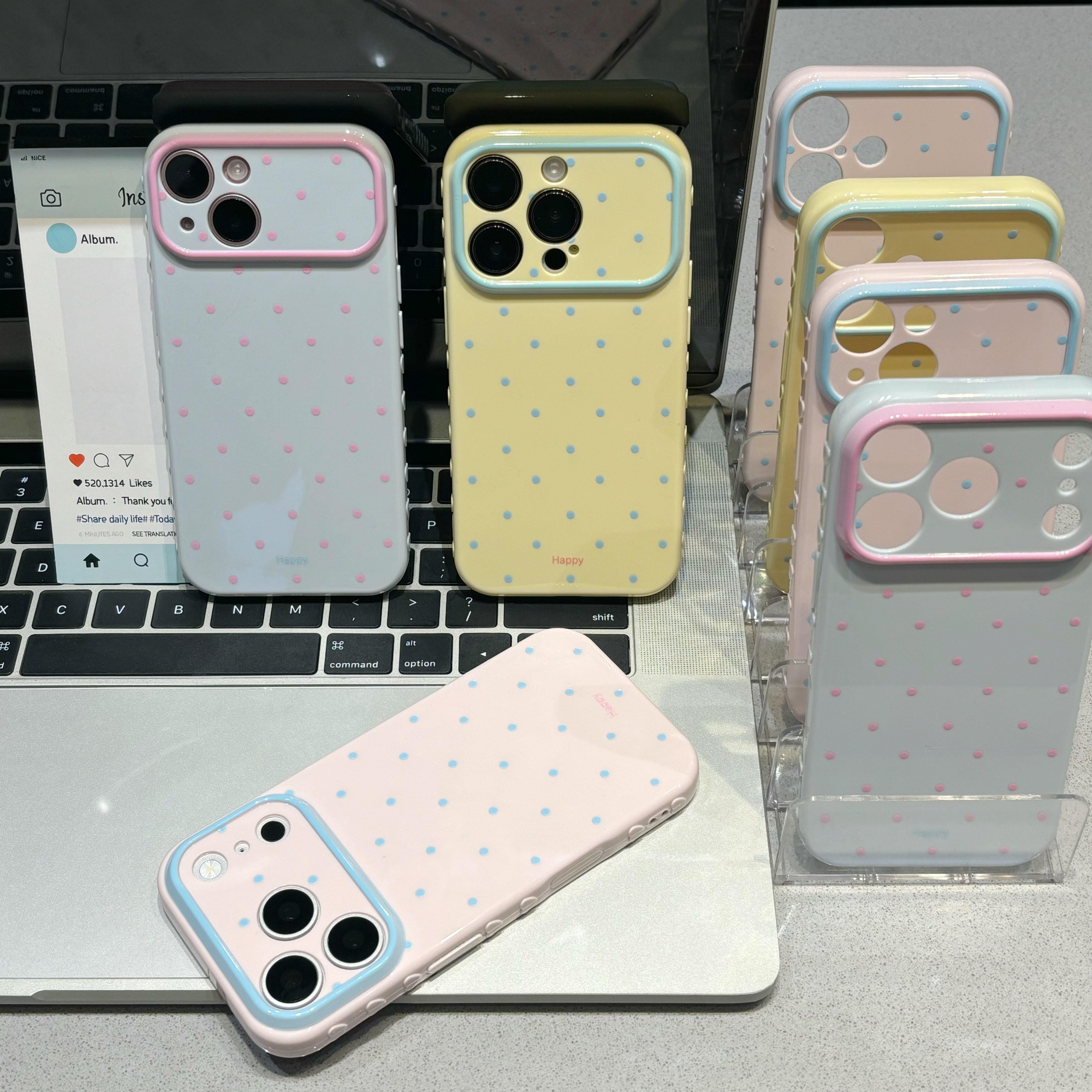 ins风马卡龙撞色波点适用苹果17promax手机壳iPhone16新款15侧边爱心视窗13华为pura90vivo小米14红米K80oppo