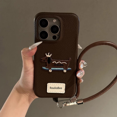 苹果华为皇冠刺绣狗皮纹带挂绳