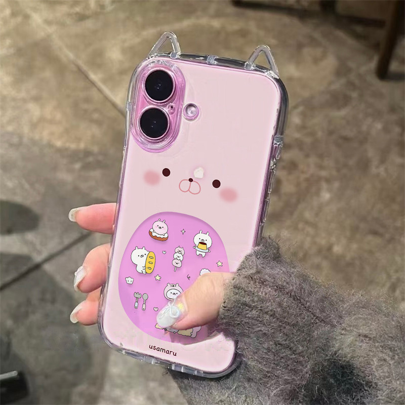 ins大嘴巴兔丸立体猫耳朵适用16苹果15手机壳iPhone14promax网红气质女神13透明硅胶全包12新款保护套11创意