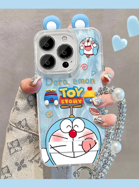 蓝色哆啦公仔适用苹果15手机壳14pro立体耳朵iPhone13简约12隐形金属支架华为mate60pro全包防摔小米14荣耀90