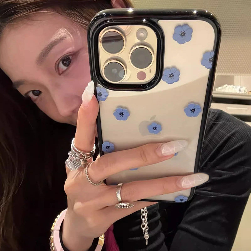 网红韩系可爱蓝色小花适用苹果16promax手机壳iPhone15pro新款14创意13小众12女11简约xr高级感x全包防摔软壳