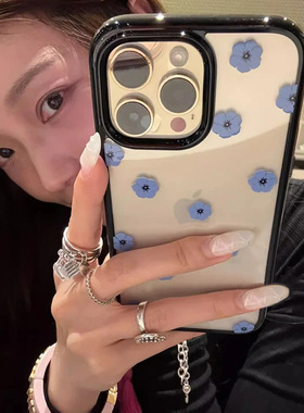 网红韩系可爱蓝色小花适用苹果16promax手机壳iPhone15pro新款14创意13小众12女11简约xr高级感x全包防摔软壳