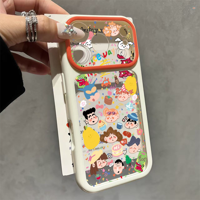 涂鸦小新一家撞色大视窗适用苹果17promax手机壳iphone16pro新款17男女14pro情侣15pro透明全包防摔手机套13