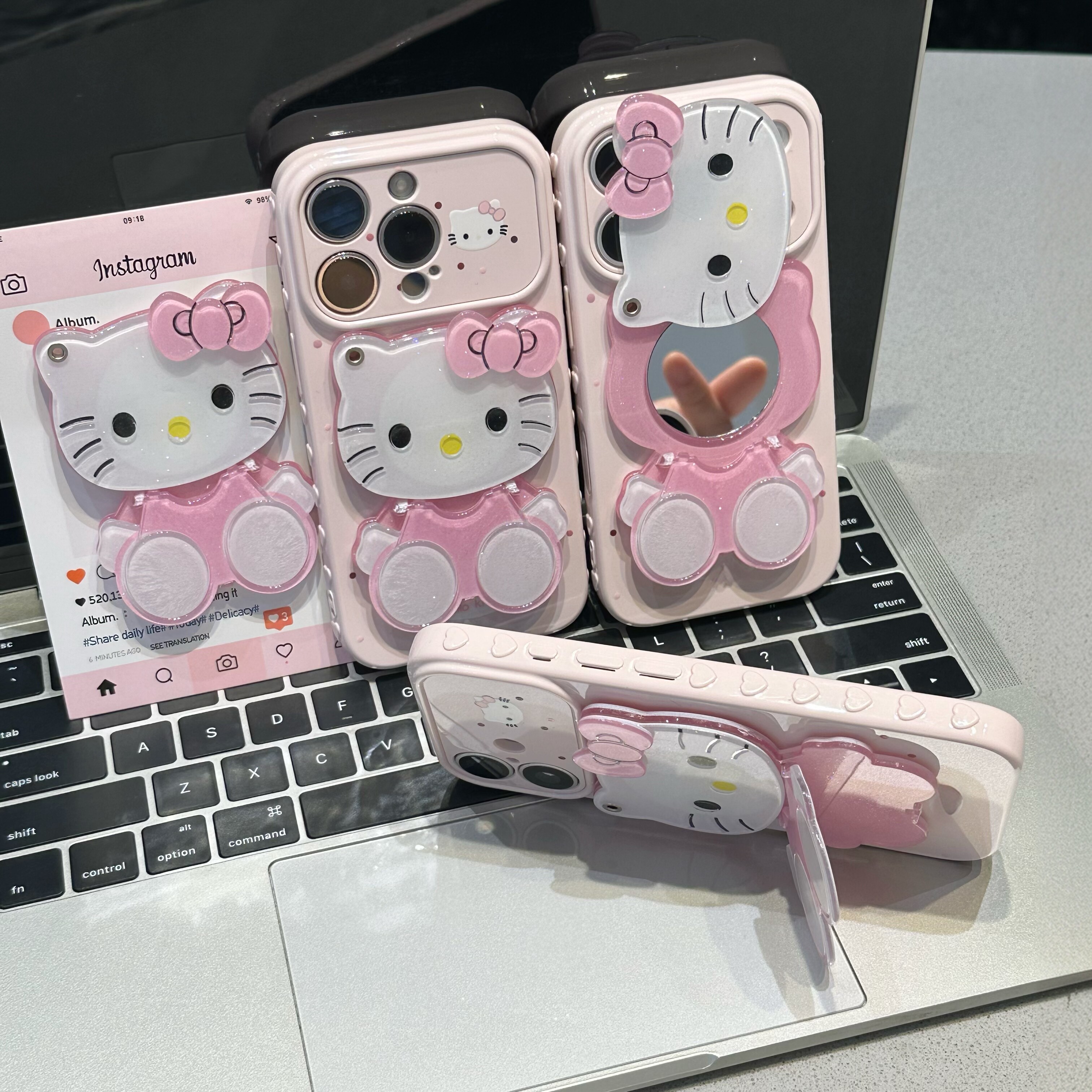 化妆镜猫咪镜子支架适用苹果17ProMax手机壳iPhone16Pro带支架大视窗爱心15Plus秒变14软壳13少女心12防摔air