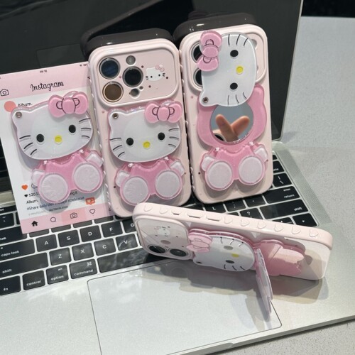 化妆镜猫咪镜子支架适用苹果17ProMax手机壳iPhone16Pro带支架大视窗爱心15Plus秒变14软壳13少女心12防摔air
