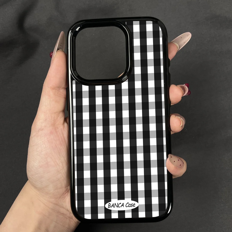 韩式ins风黑色格纹亚克力黑边适用苹果16promax手机壳iPhone15pro新款14创意13小众12女11简约xr高级感x防摔