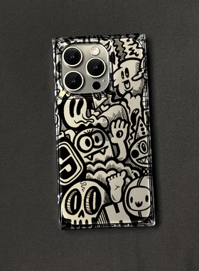 招手涂鸦怪兽方块透明壳适用苹果16手机壳iPhone15promax新款14硅胶13防摔个性方形iphone17简约12p高级感11