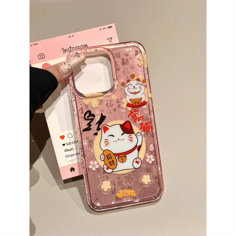 新年可爱招财猫适用苹果15手机壳新款iphone16promax女14pro卡通13过年小众16高级感软边硬底超好看粉色福套