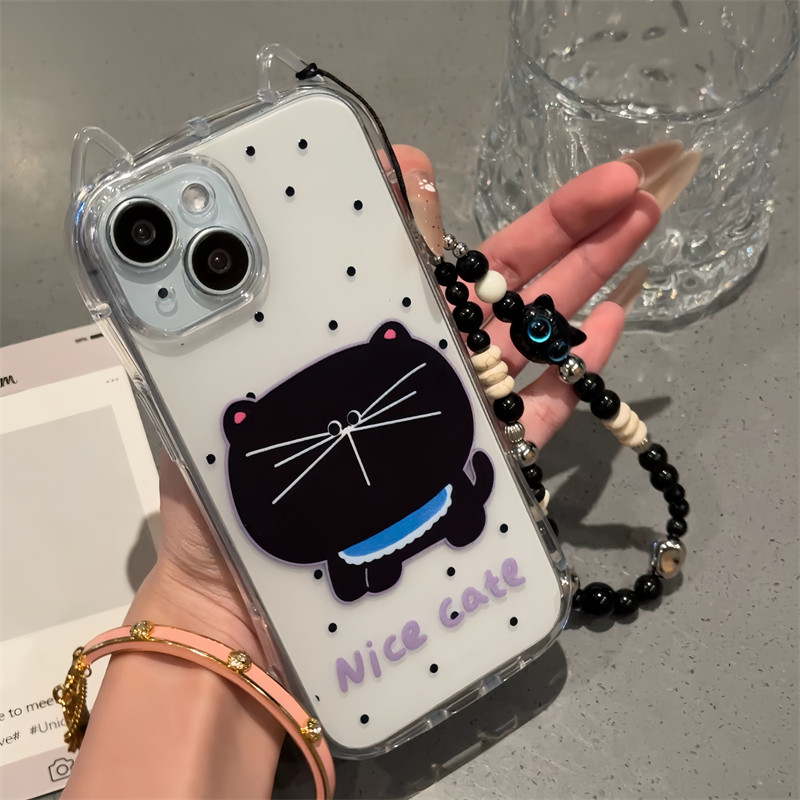 苹果酷妹大脸黑猫珠子挂链手机壳