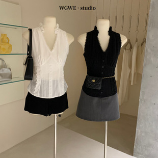 上衣W3147 WGWE蕾丝花边V领衬衫 女春夏纯欲修身 显瘦无袖 别致小衫
