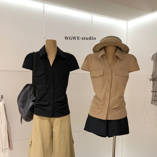 【实拍】夏季韩系简约显瘦掐腰翻领短袖衬衫女