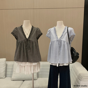女韩系设计感花边拼接格子宽松显瘦假两件V领衬衫 WGWE夏季 W6385