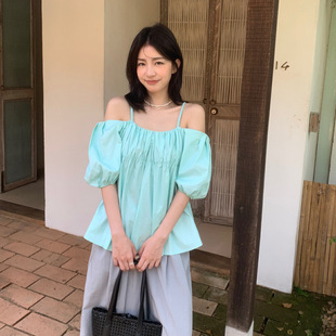KITTIN韩系休闲简约一字肩吊带灯笼袖 显瘦通勤百搭 小衫 女夏季