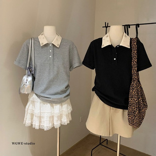 高智学院MIU系时髦手工钉珠POLO领短袖 WGWE 上衣女学院风T恤