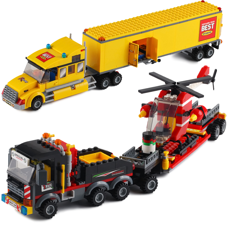 中国积木集装箱货柜车半挂平板拖车汽车运输车卡车男孩子拼装玩具