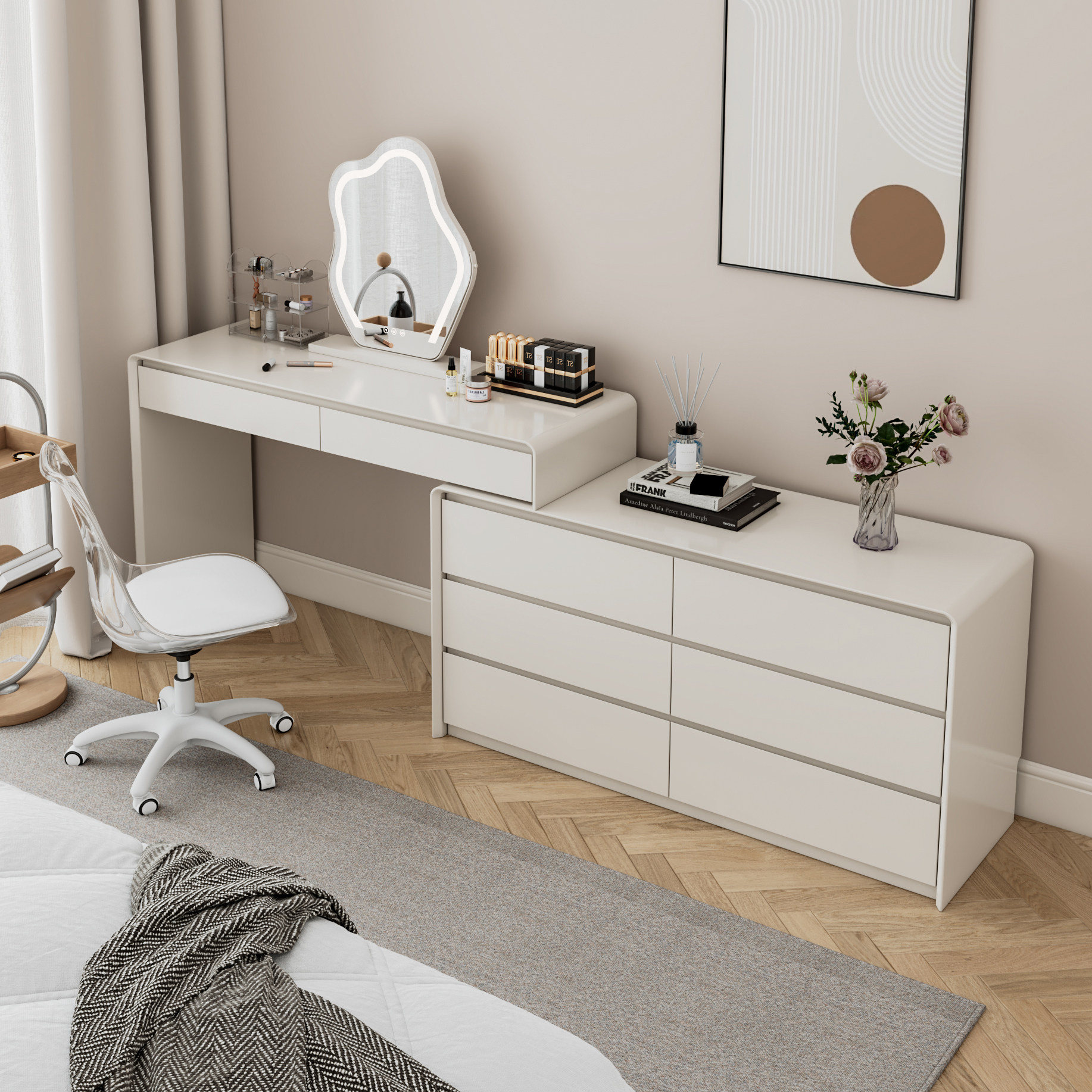 实木烤漆梳妆台奶油风六斗柜现代简约卧室转角化妆台一体化妆桌字