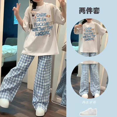 可盐可甜穿搭蓝色格子休闲裤套装
