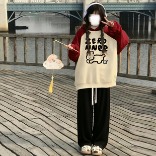 黑色休闲裤女秋季新款卫衣连帽上衣搭配阔腿裤女生初中生秋天套装