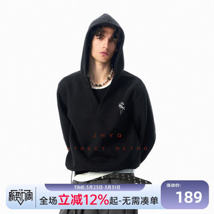 JHYQ春季飞马哥特J印花连帽V领卫衣男女休闲套头短款情侣宽松外套