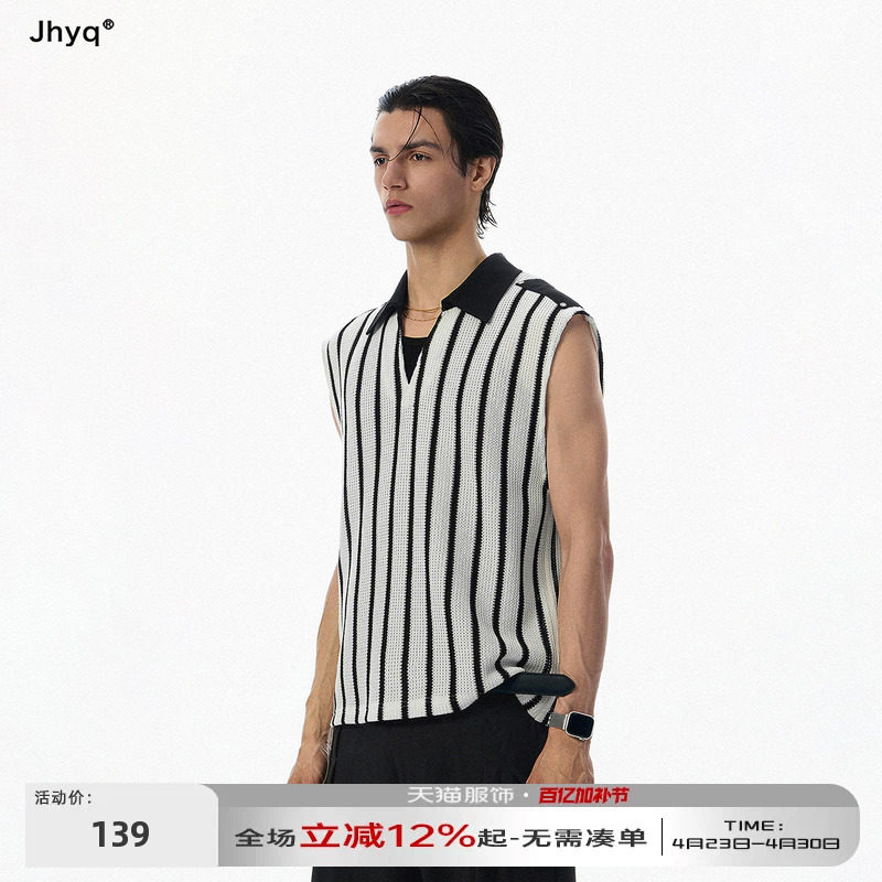 JHYQ美式复古撞色翻领条纹针织背心男夏季无袖V领休闲马甲上衣