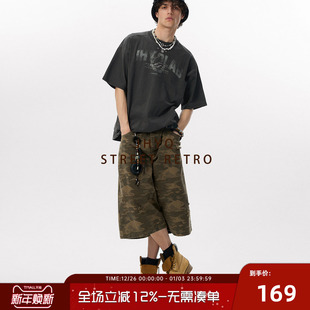 男宽松休闲阔腿直筒中裤 JHYQ夏季 七分短裤 复古迷彩豹纹工装 女 美式
