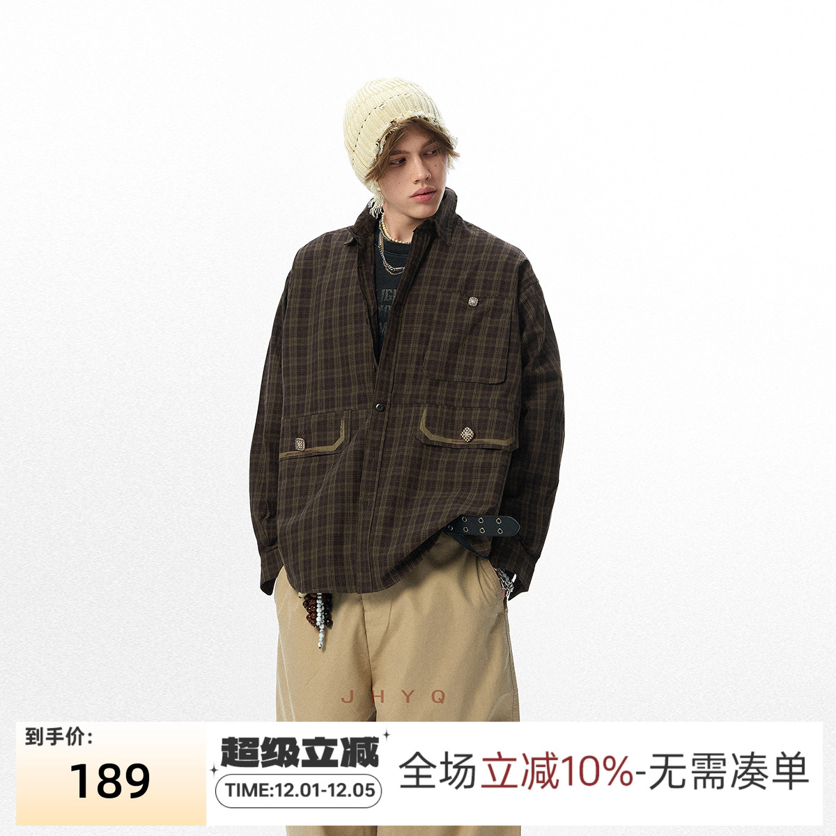 潮牌美式复古廓形休闲格子衬衫