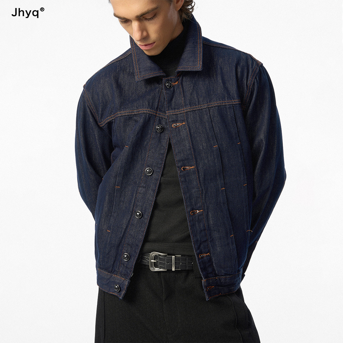 JHYQ原色牛仔外套男落肩宽松短款撞色明线美式复古工装夹克上衣秋