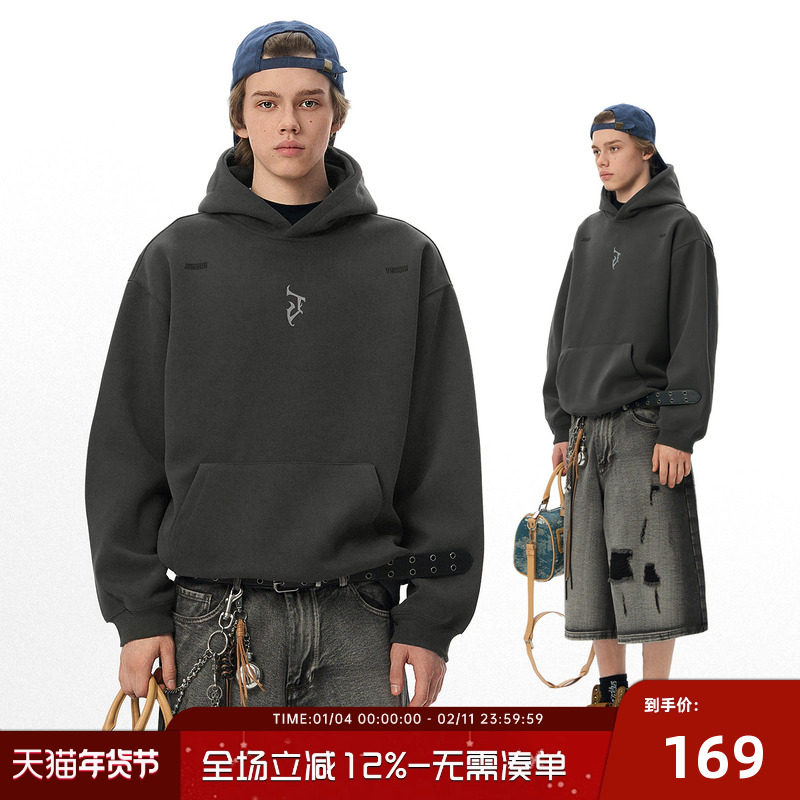 JHYQ净化眼球美式哥特J字母logo连帽卫衣男宽松针织重磅40