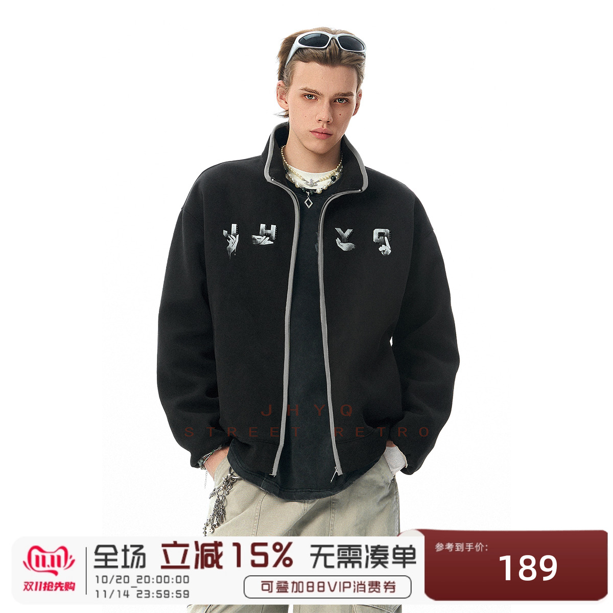 JHYQ美式复古字母手势印花立领开衫卫衣男秋季宽松休闲情侣外套潮