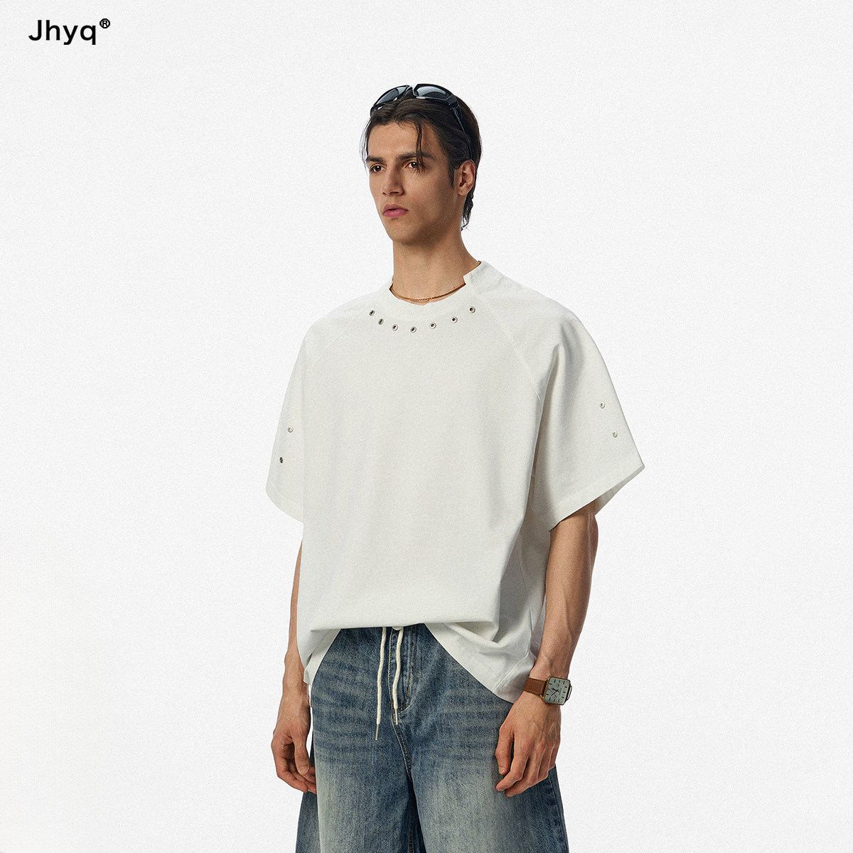 JHYQ纯棉异领气眼短袖T恤男图片