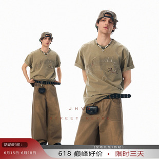 JHYQ美式280g字母立体烫印花水洗短袖T恤男宽松潮牌纯棉复古上衣