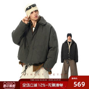 外套冬季 羽绒服男加厚工装 保暖外套 复古拼针织领翻领短款 JHYQ美式