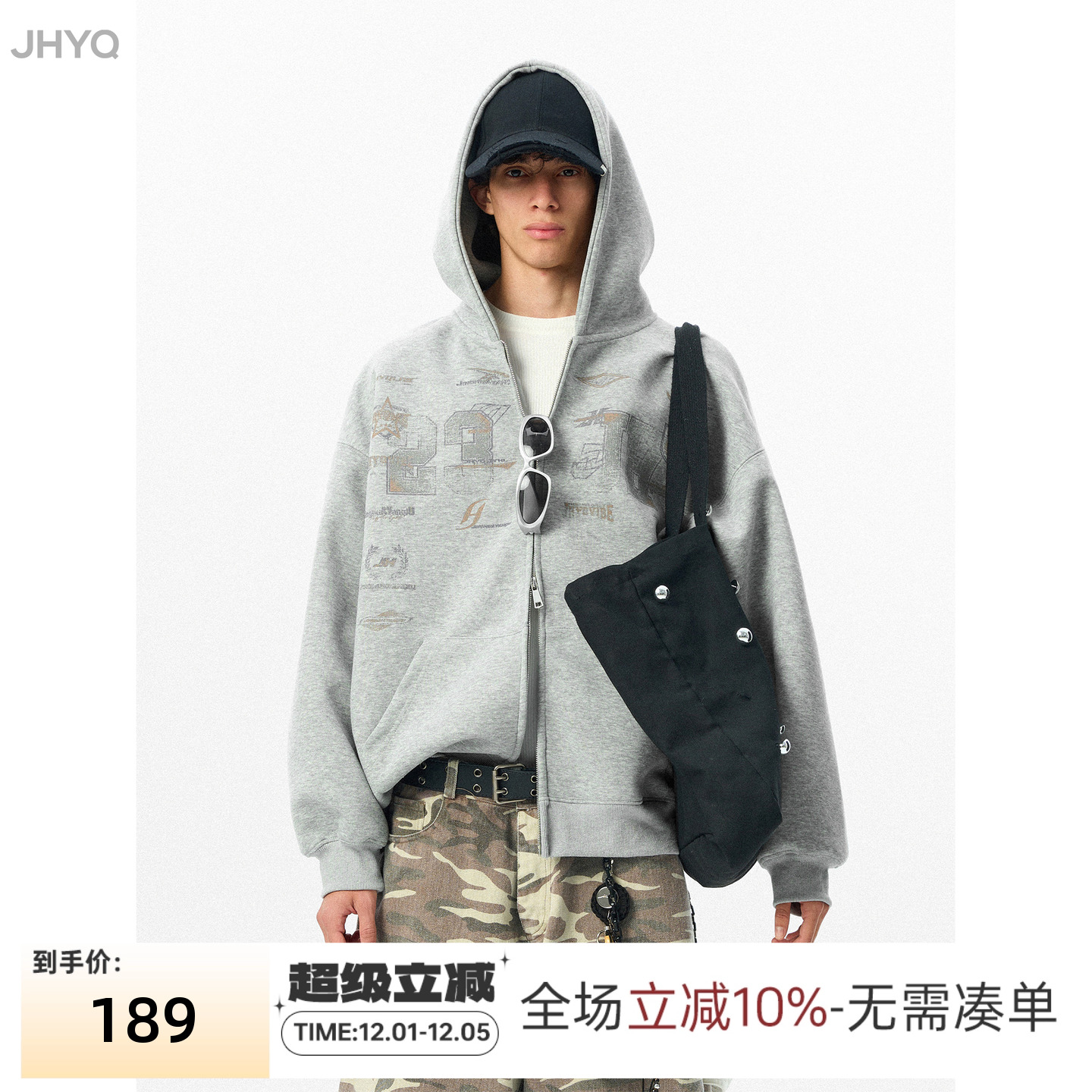 JHYQ美式400G字母印花连帽卫衣