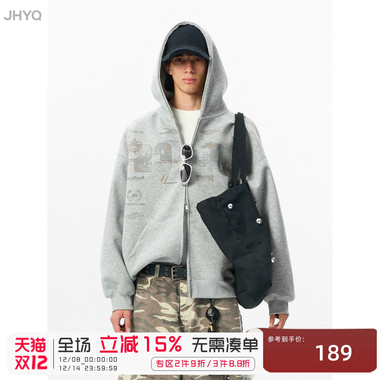 JHYQ美式400G字母印花连帽卫衣