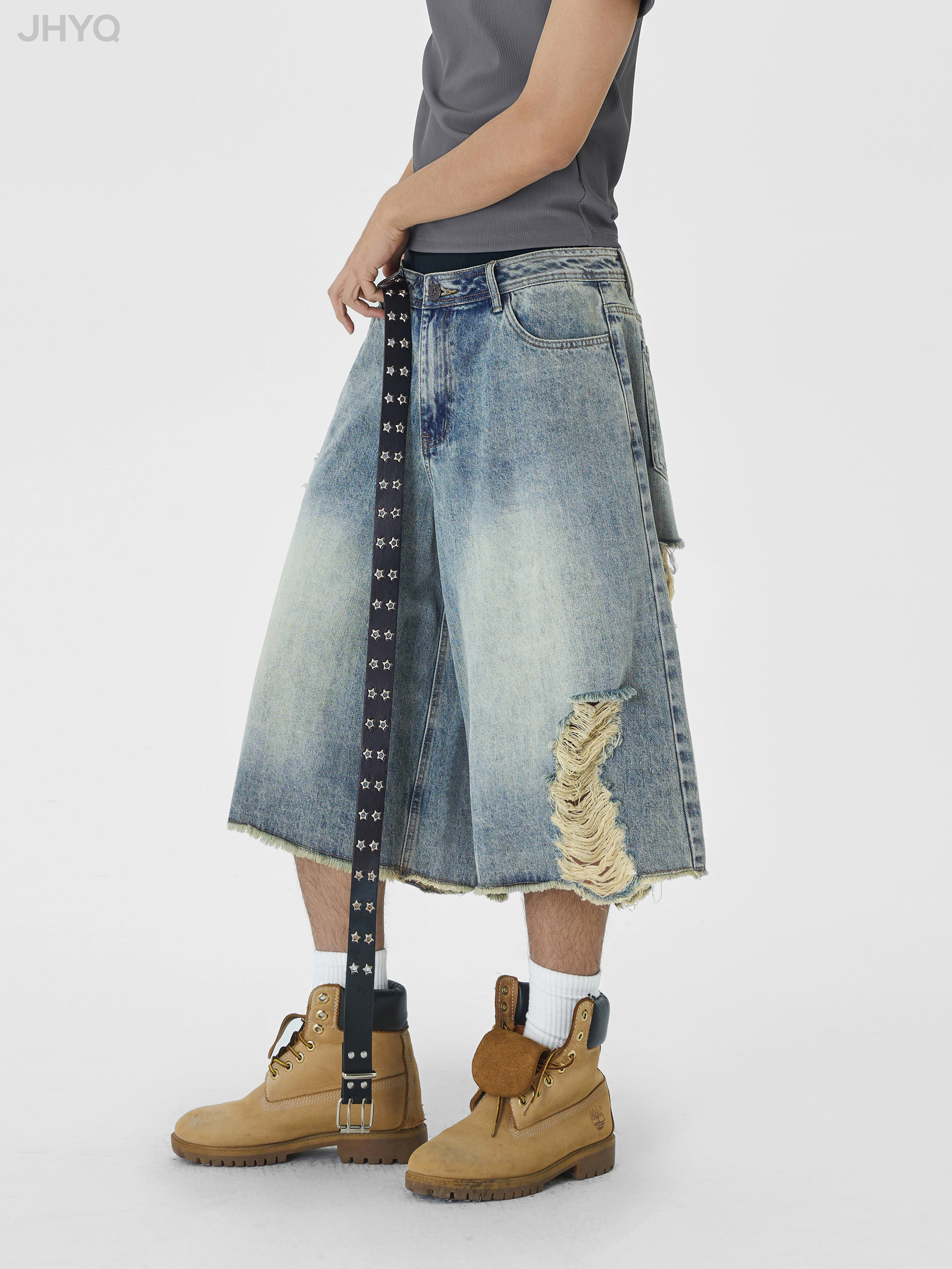JHYQ WASHED DISTRESSED RIPPED BRUSHED RETRO CROPPED DENIM SHORTS FOR MEN AND WOMEN LOOSE WIDE-LEG TRENDY CASUAL PANTS