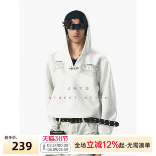 JHYQ美式高街飞机扣短款连帽杉V领卫衣男字母印花宽松情侣外套