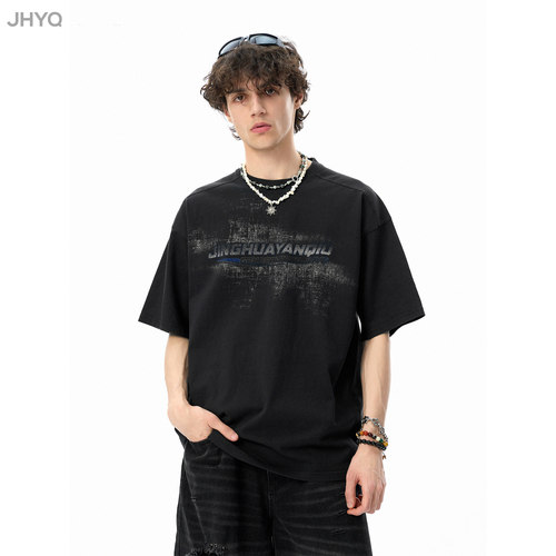 JHYQ美式休闲275g复古水洗做旧圆领短袖t恤男美式宽松潮上衣