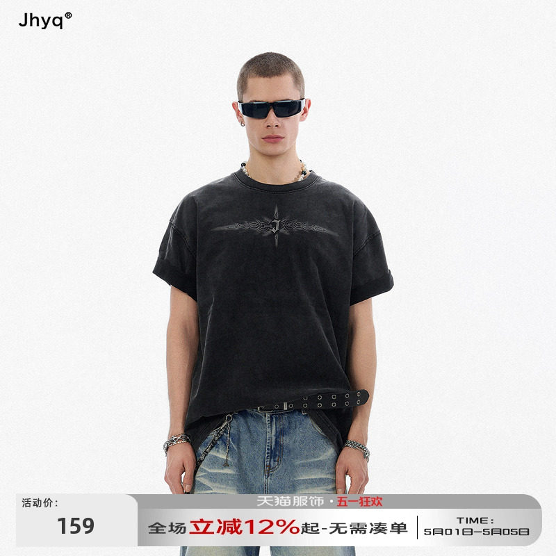 JHYQ美式复古手工金属J字母荆棘印花水洗短袖T恤男宽松休闲上衣体