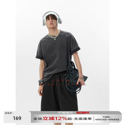 JHYQ美式休闲重水洗做旧圆领T恤男宽松潮牌立体剪裁重磅百搭上衣