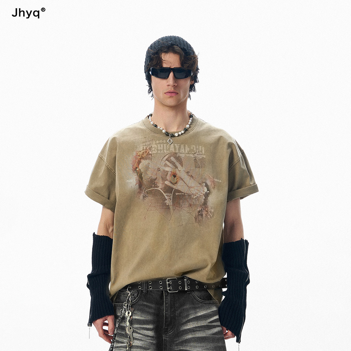 JHYQ美式烈焰印花做旧重水洗300g短袖T恤男宽松oversize潮牌上衣图片
