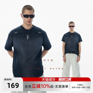 马年系列丨JHYQ重磅美式做旧飞马异型领渐变水洗T恤男短袖宽松衣