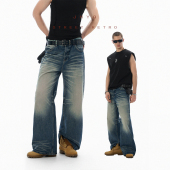 男宽松休闲百搭长裤 JHYQ美式 街头复古闪电纹水洗做旧牛仔裤