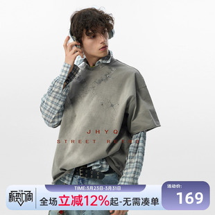 T恤男夏宽松休闲 复古水洗星系印花做旧短袖 异型领系列 JHYQ美式