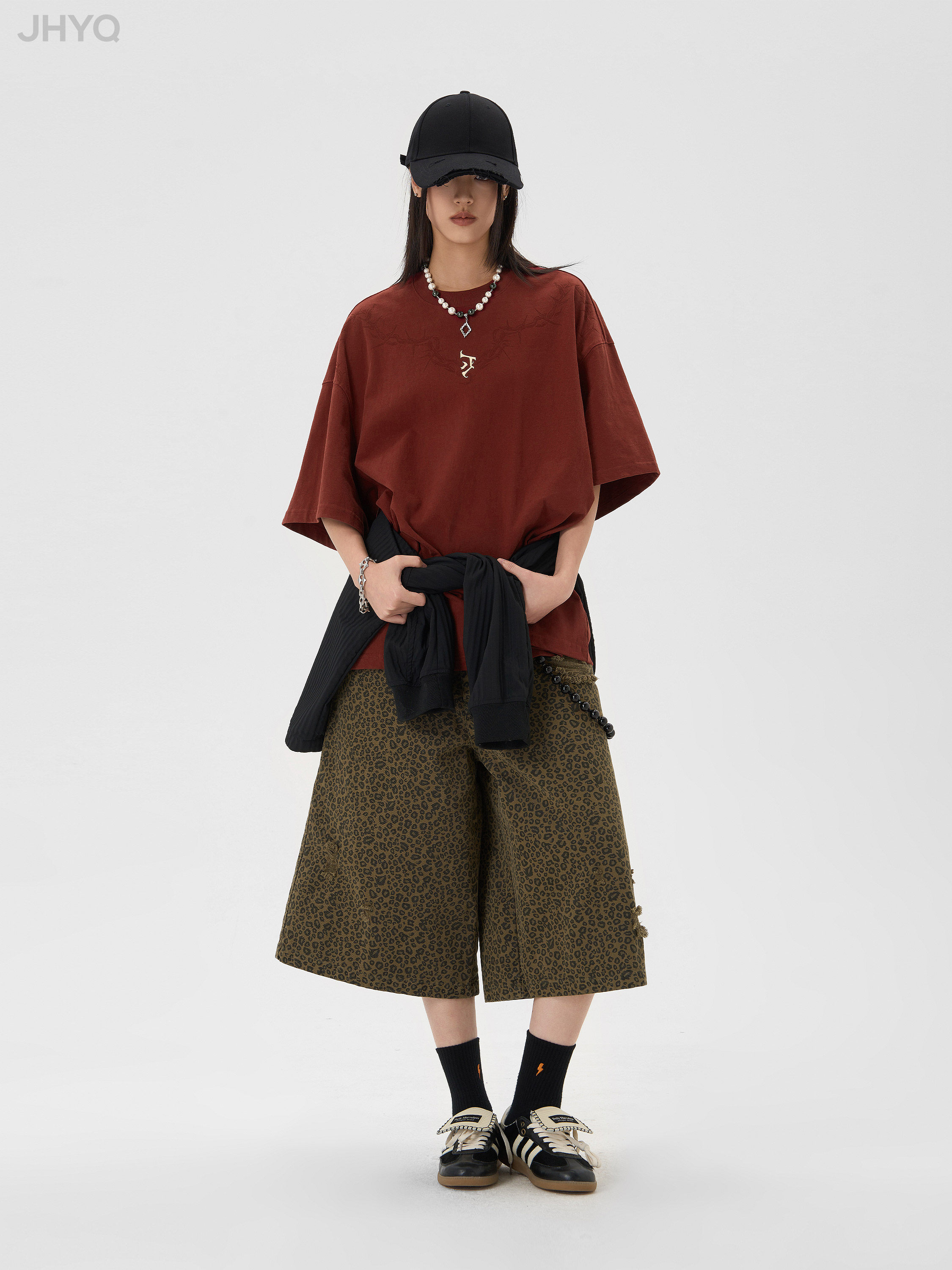 JHYQ SUMMER AMERICAN LEOPARD PRINT SEVEN-PRONGED SHORTS MENS FASHION BRAND LOOSE WIDE-LEGGED SKINNY CASUAL CASUAL PANTS